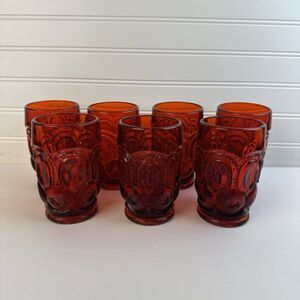 L.E. Smith Moon and Star Amberina Red Flat Tumblers Glasses Set of 7 Vintage MCM